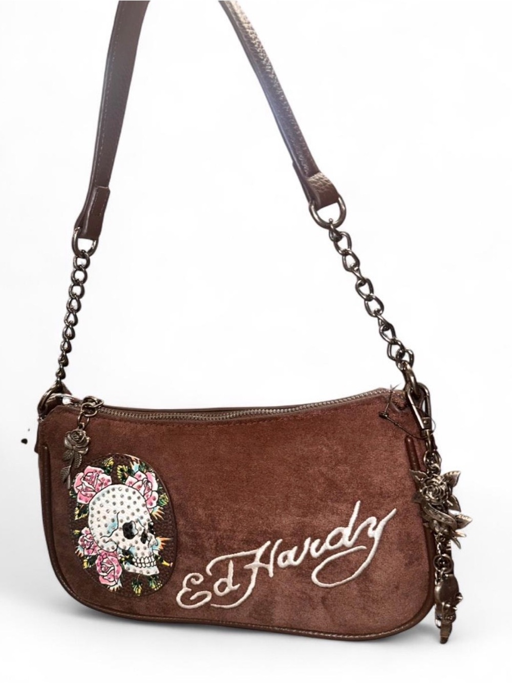 Ed Hardy Brown Shoulder Bag with Skull Design & Charms